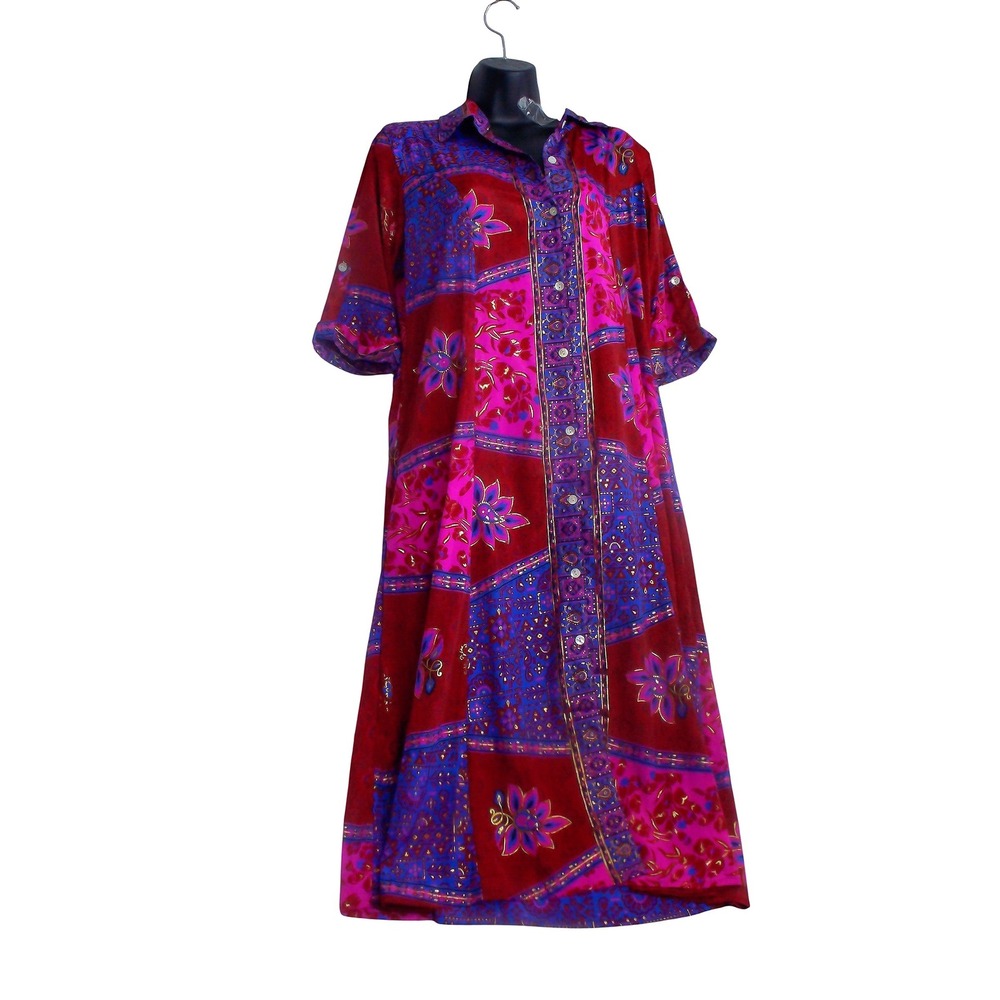 India Boutique Vintage Floral‎ Patchwork Maxi  Dress RedPinkBlue Metallic Boho L